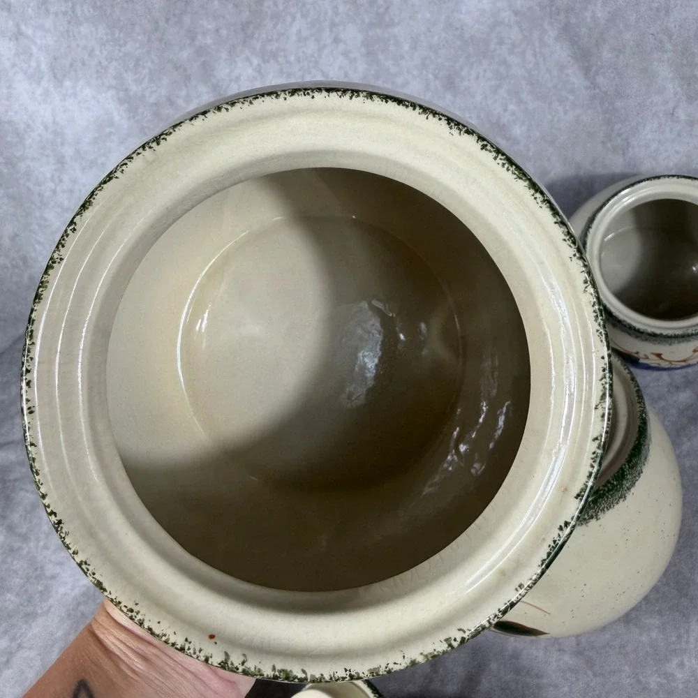 Vtg‎ Kenyield Fruit Canister Set 3pc Ceramic Jars Lids Apple Grape Pear Country